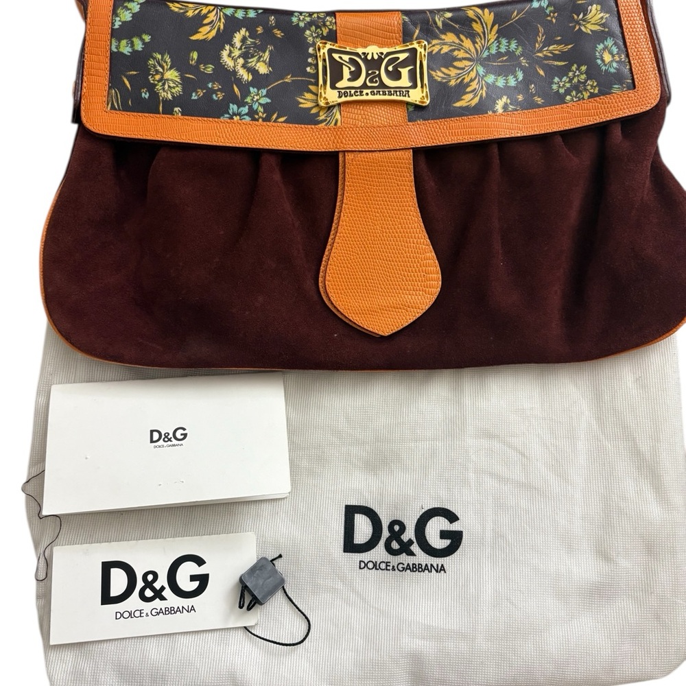 Authentic Vintage Dolce & Gabbana Floral Suede & Lizard Trim Shoulder Bag